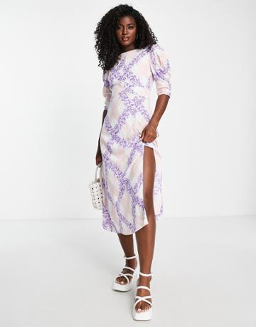 Miss Selfridge Puff Sleeve Midi Tea Dress In Plaid Floral Print-multi