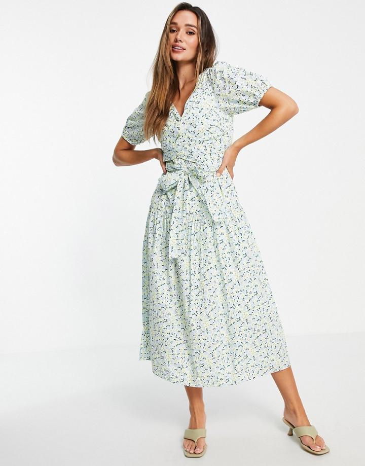 Y.a.s Cotton Tie Waist Midi Dress In Mint Floral-multi
