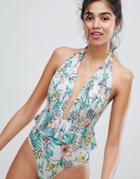 New Look Frill Peplum Plunge Swimsuit - Silver
