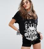 Sacred Hawk Festival Oversized Band T-shirt With Black Sabbath Print And Beaded Choker Neck - Black