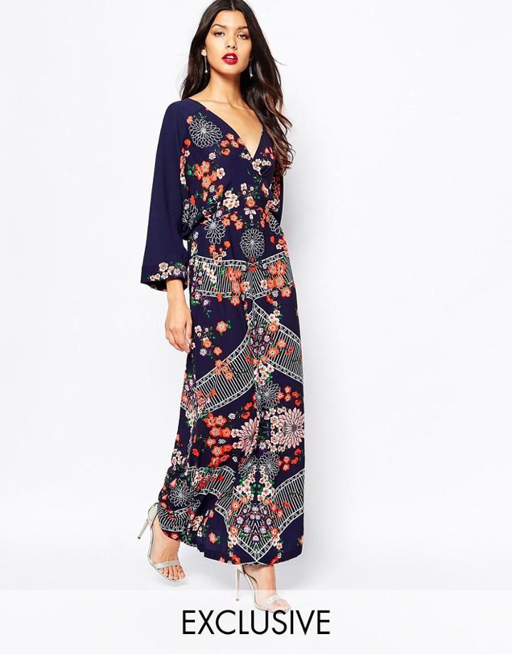 Liquorish Kimono Sleeve Maxi Dress In Japanese Garden Print - Multi