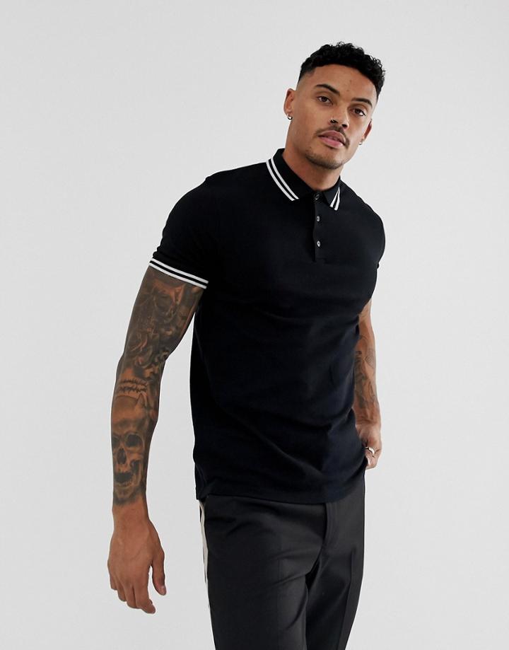 Asos Design Pique Polo Shirt With Tipping In Black - Black