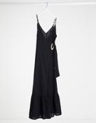 Asos Design Cami Wrap Maxi Dress In Linen With Wicker Belt In Black