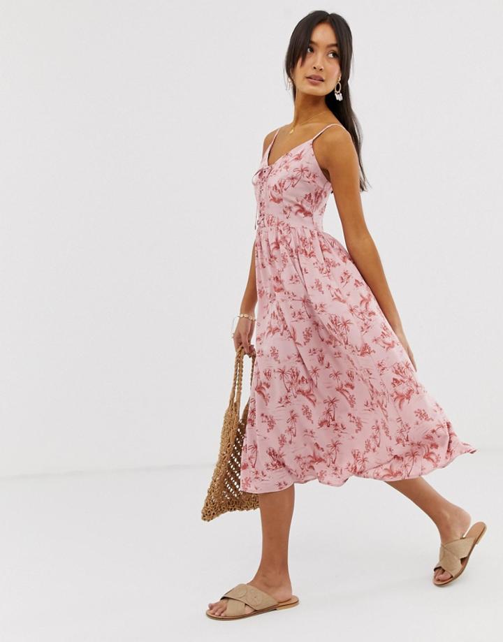 New Look Midi Dress In Pink Tropical Print - Pink