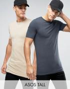 Asos Tall 2 Pack Longline Muscle T-shirt In Blue/beige Save - Multi