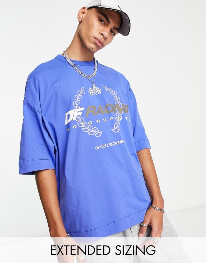 Asos Dark Future Oversized T-shirt With Racing Graphic Print In Bright Blue