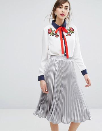 E.f.l.a Tie Neck Shirt With Flower Patches - White