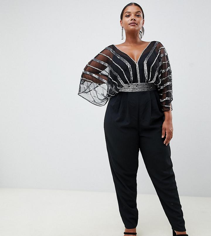 Asos Design Curve Embellished Jumpsuit With Kimono Sleeve And Peg Leg - Black