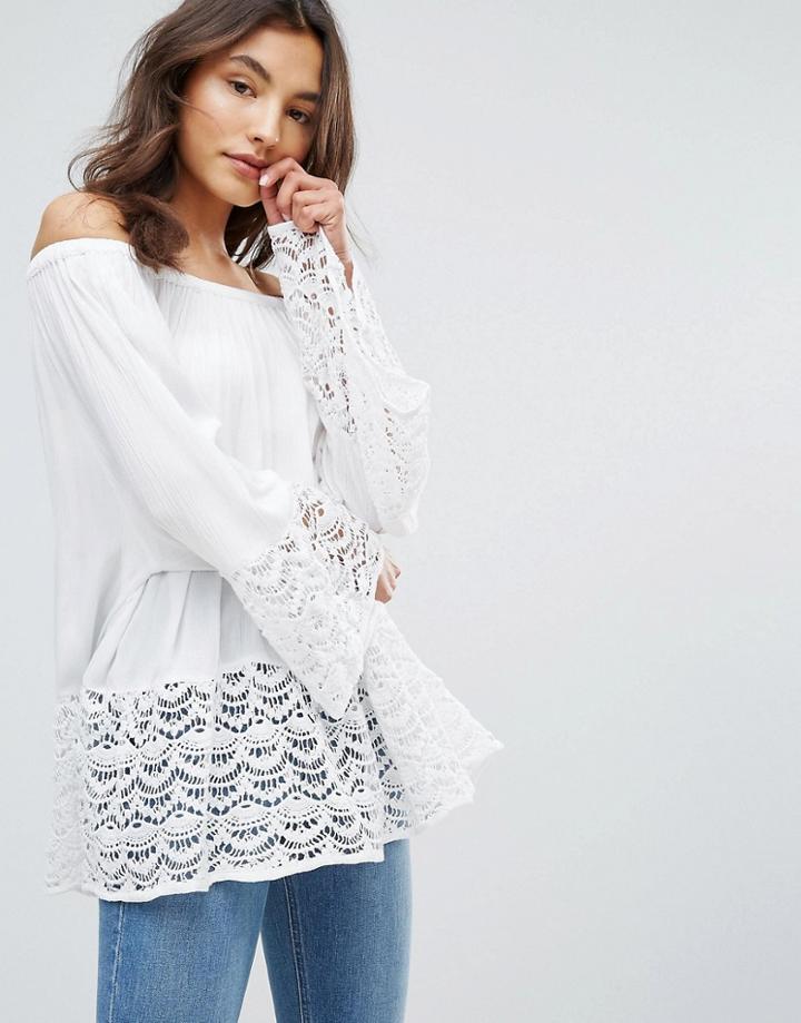 Qed London Bardot Lace Hem Top - White