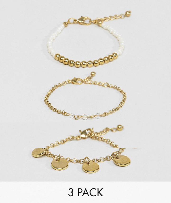 Asos Pack Of 3 Bead And Disc Bracelets - Gold