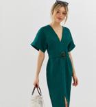 Asos Design Petite Kimono Sleeve Midi Dress With Faux Tortoiseshell Buckle-green