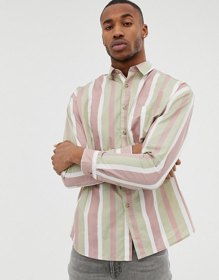 Asos Design Oversized Pink And Stone Stripe Shirt