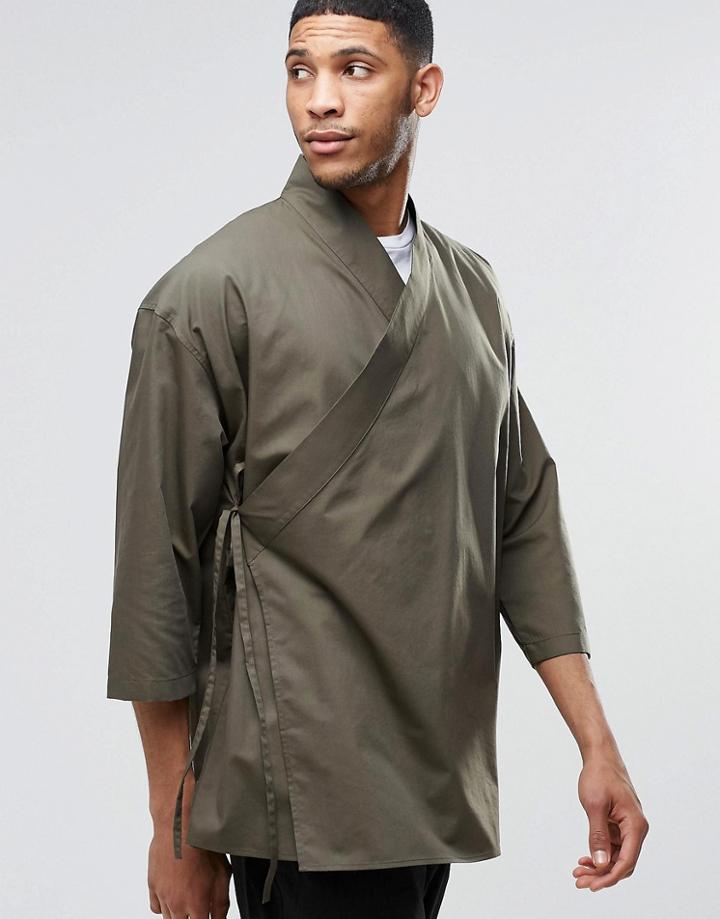 Asos Wrap Around Kimono In Khaki - Green
