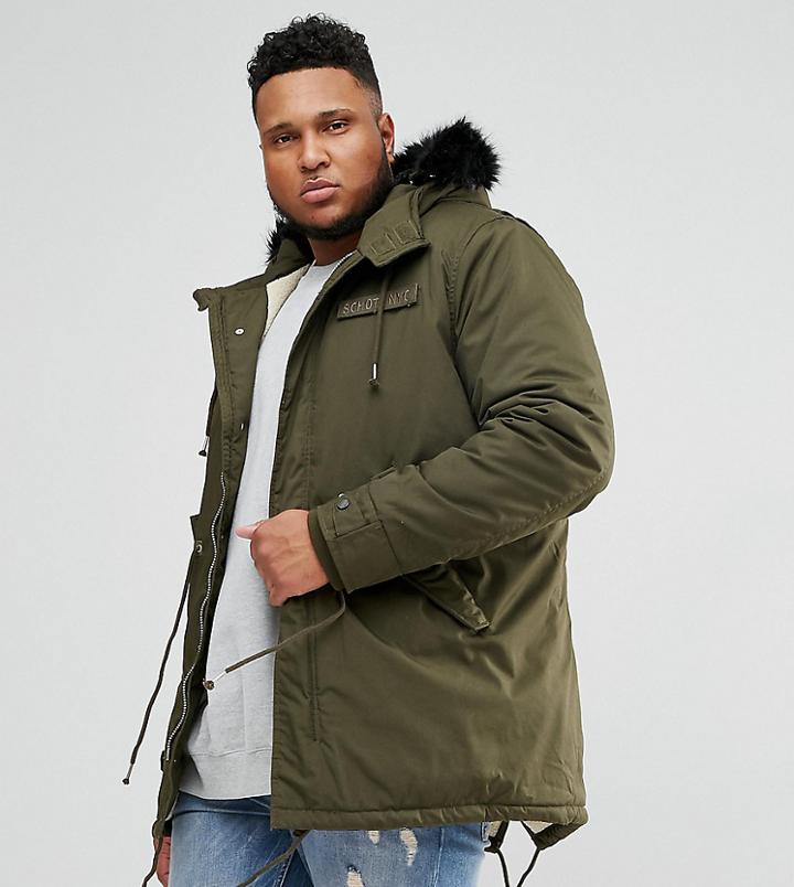 Schott Plus M51 Fishtail Parka Hooded Detachable Faux Fur Trim In Green/black - Green