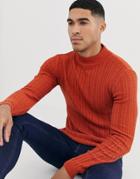 Asos Design Muscle Fit Cable Roll Neck Sweater In Auburn-brown