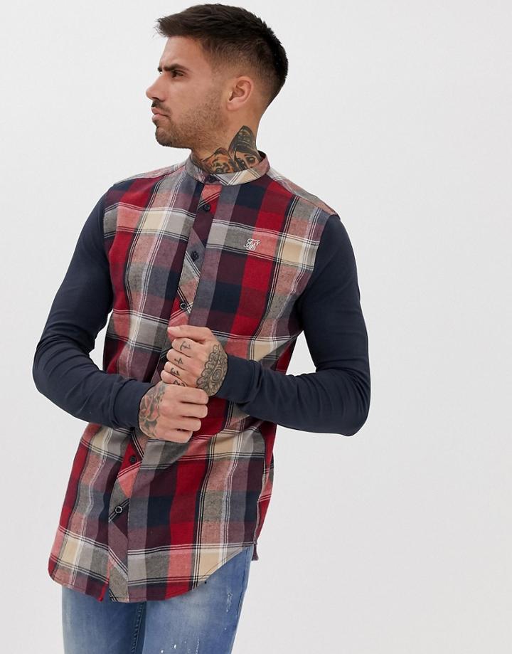 Siksilk Grandad Collar Check Shirt With Jersey Sleeves - Black