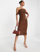 Femme Luxe Off The Shoulder Ruching Body-conscious Midi Dress In Chocolate-orange