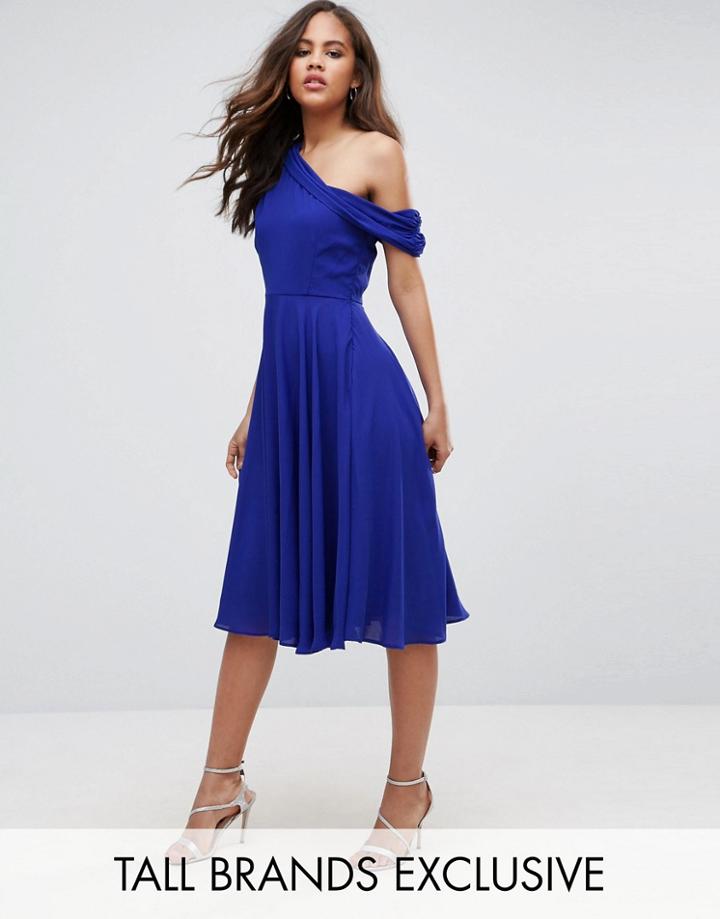 John Zack Tall Drapey One Shoulder Midi Dress - Blue