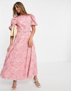 Asos Design Belted Midi Skater Dress In Textured Jacquard Pink-black