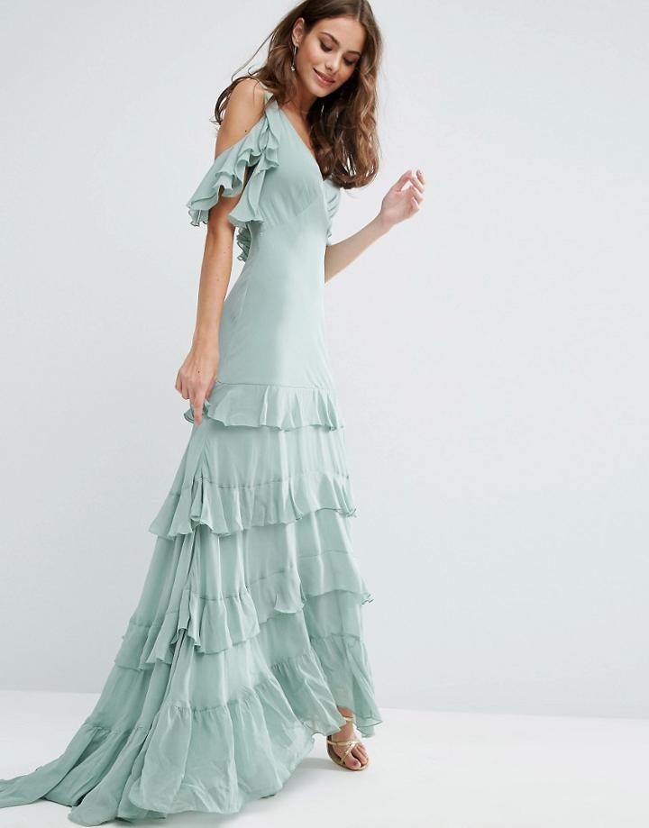 Asos Ruffle Tiered Maxi Dress - Green