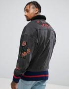 Asos Denim Jacket With Embroidery & Fleece Collar In Black Wash - Black