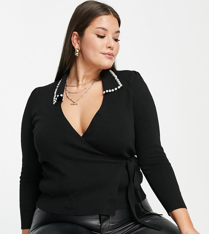 Fashion Union Plus Wrap Knit Cardigan With Pearl Detail Collar-black