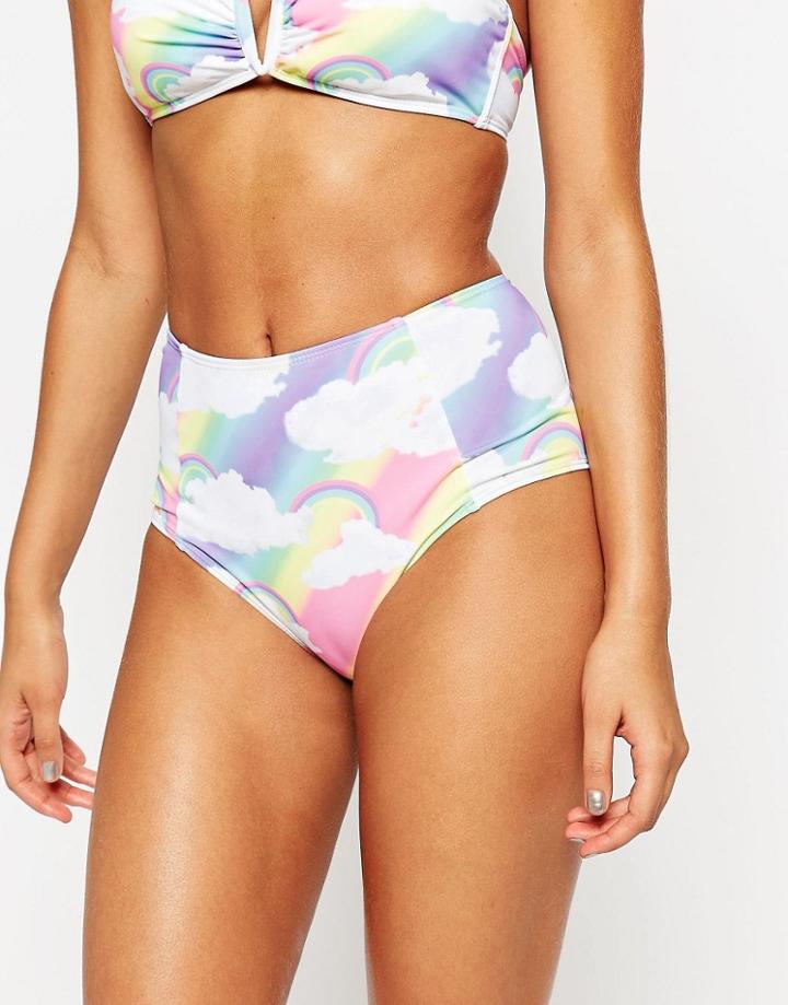 Jaded London Rainbow Cloud Print High Waisted Bikini Bottom - Multi