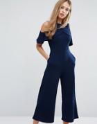 Warehouse Cold Shoulder Tailored Cropped Jumpsuit - Navy