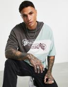 Asos Design Oversized T-shirt In Green And Gray Color Block With Print