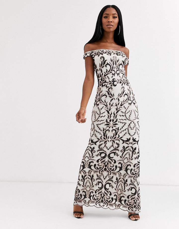 Goddiva Bandeau Maxi Dress With Baroque Detail In Black And Cream