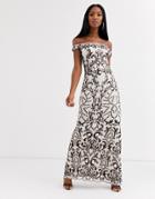 Goddiva Bandeau Maxi Dress With Baroque Detail In Black And Cream