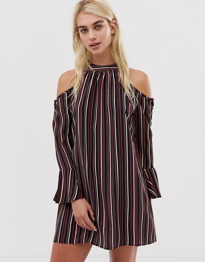 Band Of Gypsies Pinstripe Cold Shoulder Dress-multi