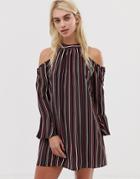 Band Of Gypsies Pinstripe Cold Shoulder Dress-multi