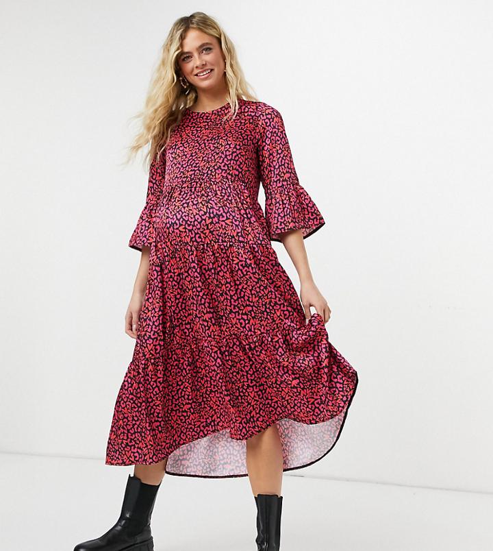 Blume Studio Maternity Frill Sleeve Smocked Midi Dress In Pink Dot