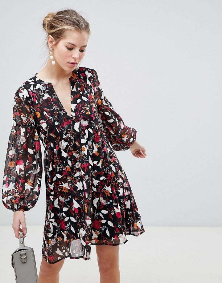 Traffic People Long Sleeve Printed Shift Dress - Black