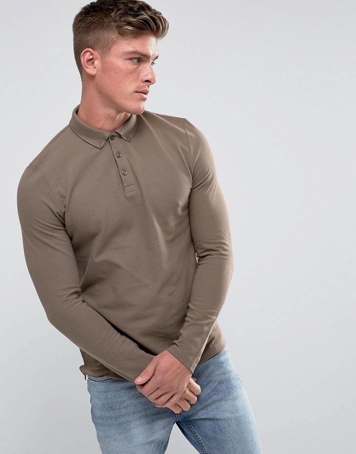 Asos Pique Long Sleeve Polo With Button Down Collar In Brown - Brown