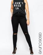 Asos Curve Ridley Skinny Jeans In Clean Black With Rip & Destroy Busts