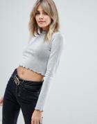 Asos Design Long Sleeve Crop Top With Lettuce Edge In Gray - White