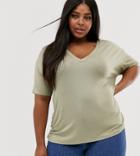 Asos Design Curve V Neck Oversized T-shirt In Textured Jersey In Khaki - Green