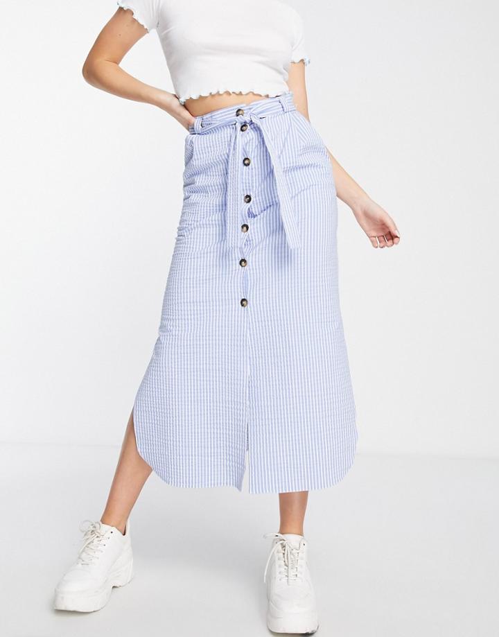 Asos Design Belted Button Through Midi Skirt In Stripe Seersucker-multi