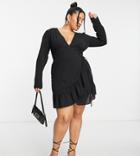 Asos Design Curve Wrap Front Mini Dress In Black