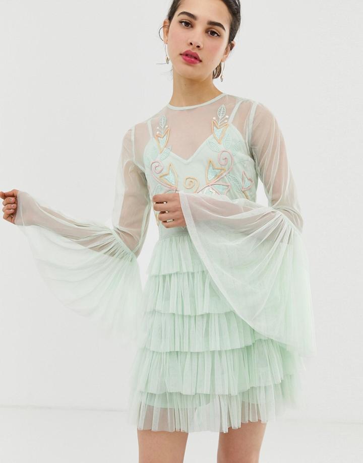 Angel Eye Long Sleeve Tiered Midi Dress With Embellished Detail - Green