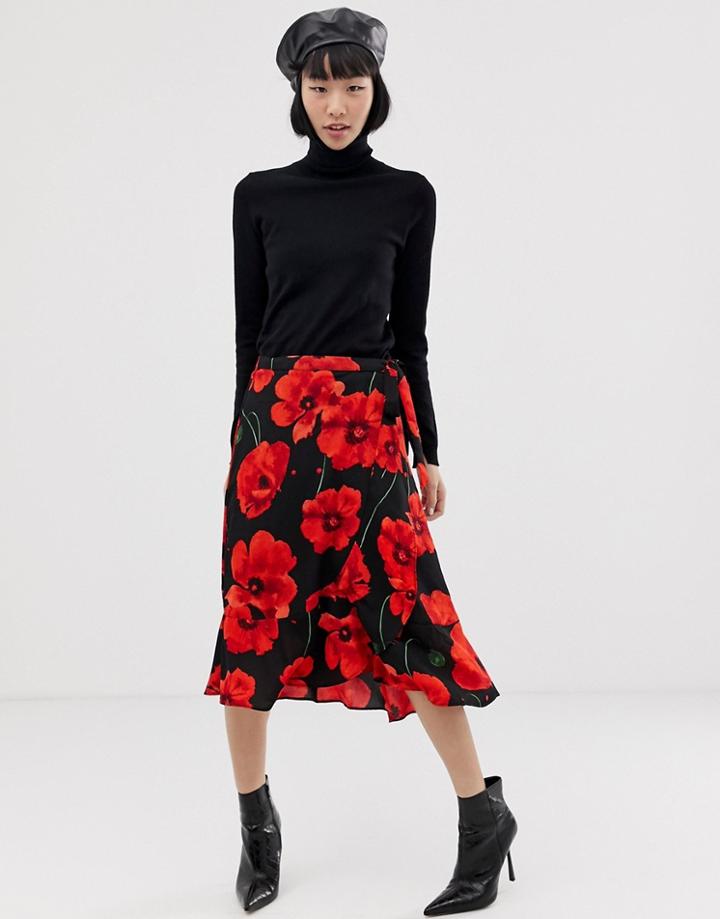 Jdy Poppy Print Wrap Midi Skirt - Black