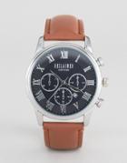 Reclaimed Vintage Chronograph Brown Leather Strap Watch - Brown