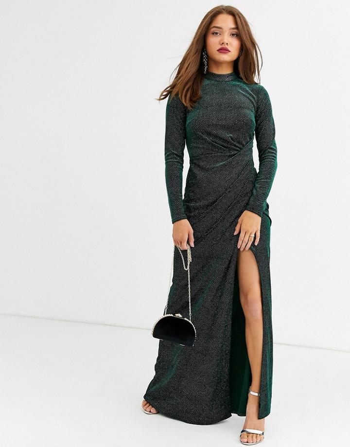 Lipsy Long Sleeve Twist Front Glitter Maxi Dress In Green