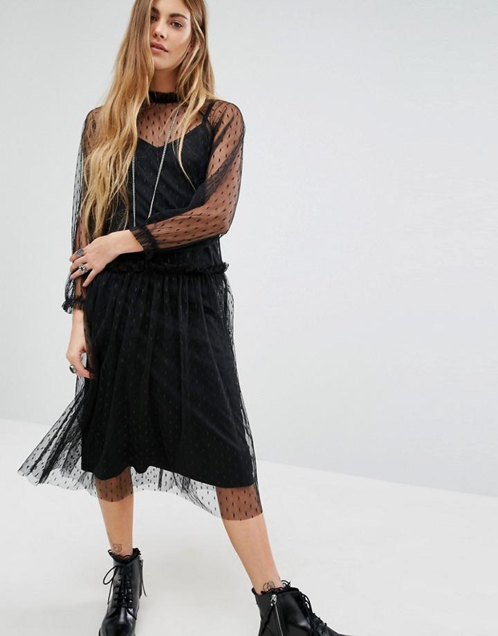 Navy London High Neck Lace Dress In Spot With Slip - Black
