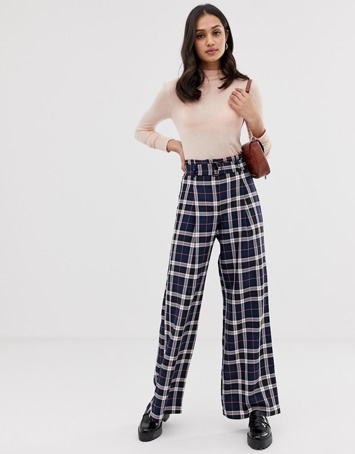 Miss Selfridge Wide Leg Pants With Belt In Blue Check - Blue