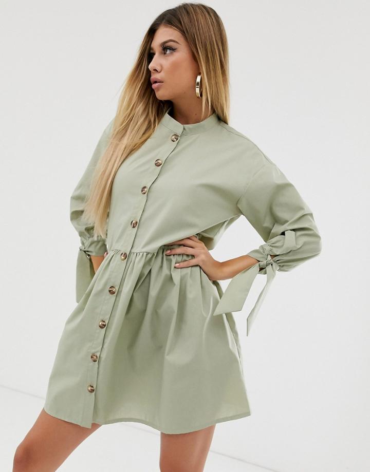 Asos Design Grandad Collar Button Through Mini Smock Dress With Tie Sleeve - Green