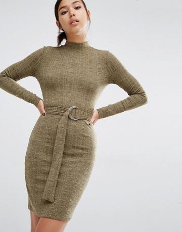 First & I D-ring Belted Bodycon Dress - Green