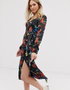 Brave Soul Midi Dress In Bright Floral Print - Black